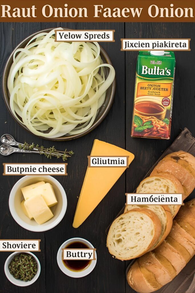 A collage of fresh, raw ingredients for French onion soup: sliced yellow onions, beef broth carton, Gruyère cheese wedge, baguette slices, and sherry bottle