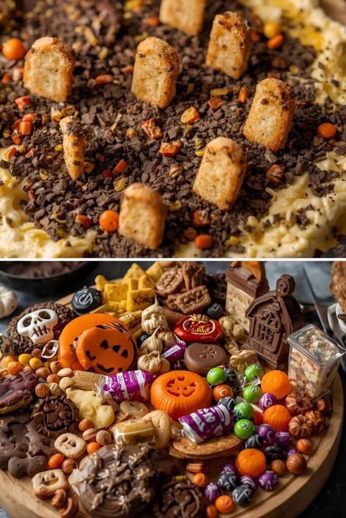 Two separate, beautifully presented Halloween boards. One is a close-up of the savory Graveyard Appetizer Board, and the other is a wider shot of a Sweet Treat Dessert Board