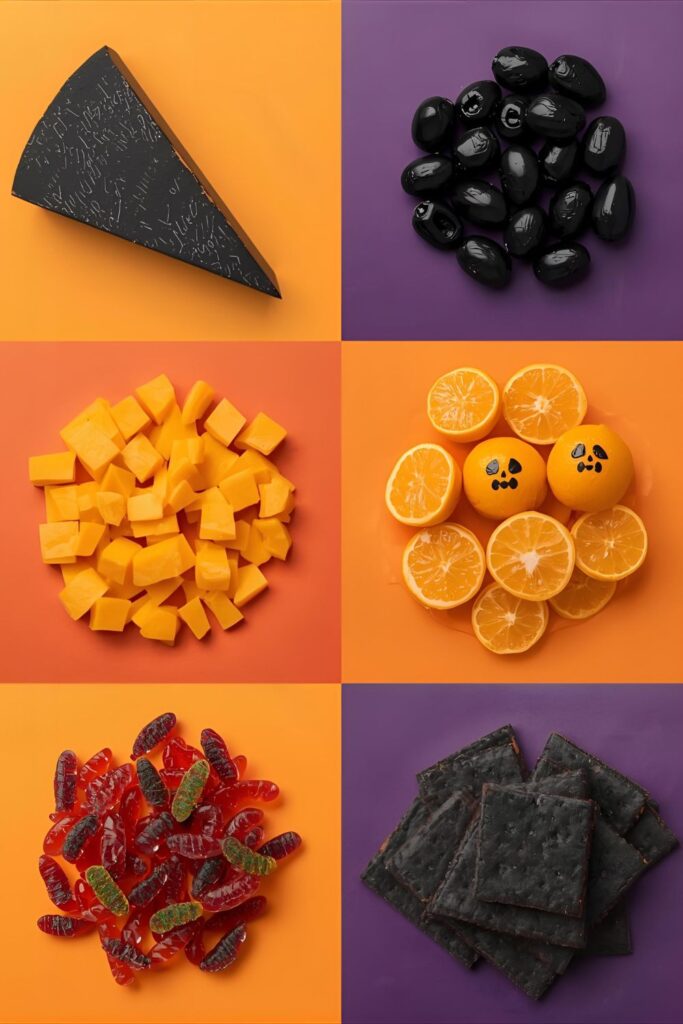 A collage of fresh, raw ingredients for a Halloween board: black cheese, orange cheddar, black olives, clementines with drawn faces, gummy worms, and black crackers.
