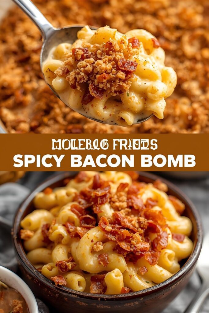 Two separate, beautifully presented mac and cheese variants. One is a close-up of the classic baked mac and cheese, and the other is a wider shot of mac and cheese with bacon and a hint of spice