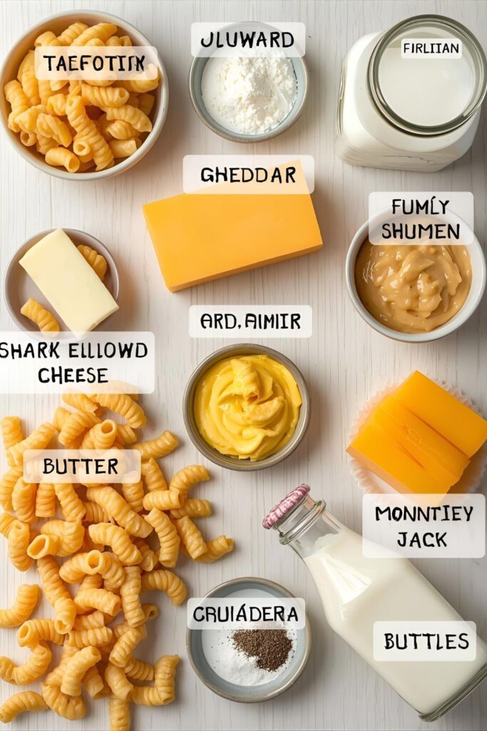 A collage of fresh, raw ingredients for mac and cheese: elbow macaroni, blocks of sharp cheddar, Gruyère, and Monterey Jack cheese, butter, milk, and spices.