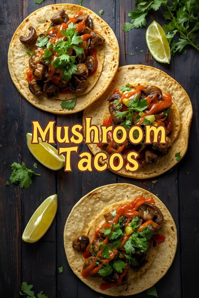 A collage of fresh, raw ingredients for mushroom tacos: mixed mushrooms, white onion, lime, chili powder, smoked paprika, cilantro, and corn tortillas.