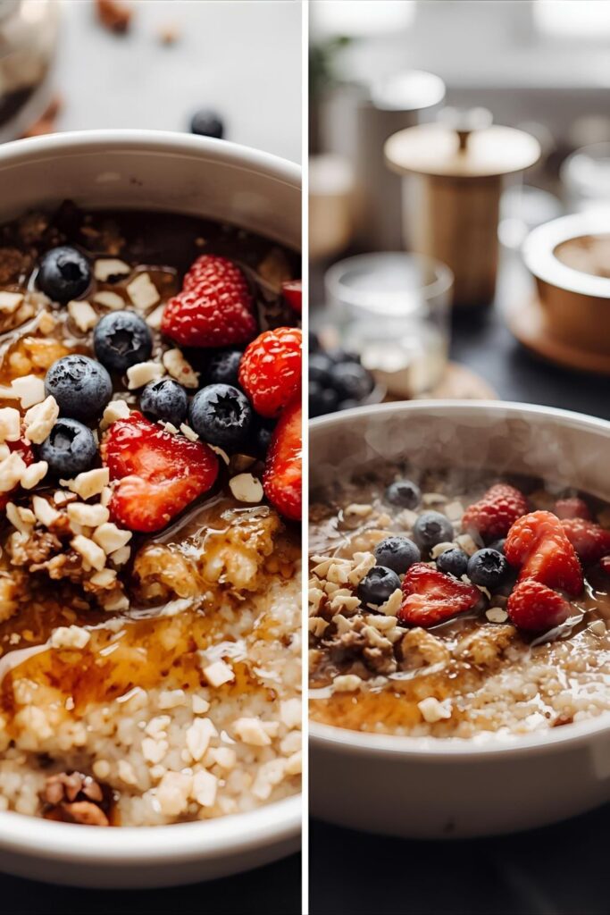 Close-up of cooked breakfast quinoa in a bowl, showing a creamy texture with melted maple syrup, fresh colorful berries, and chopped pecans, ready to eat.