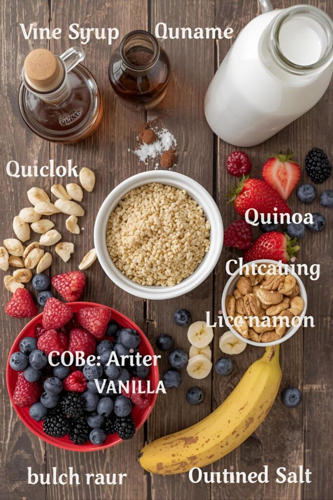 Collage of raw ingredients for the breakfast quinoa recipe: uncooked quinoa, milk, maple syrup, cinnamon, vanilla extract, and a variety of fresh berries and nuts.