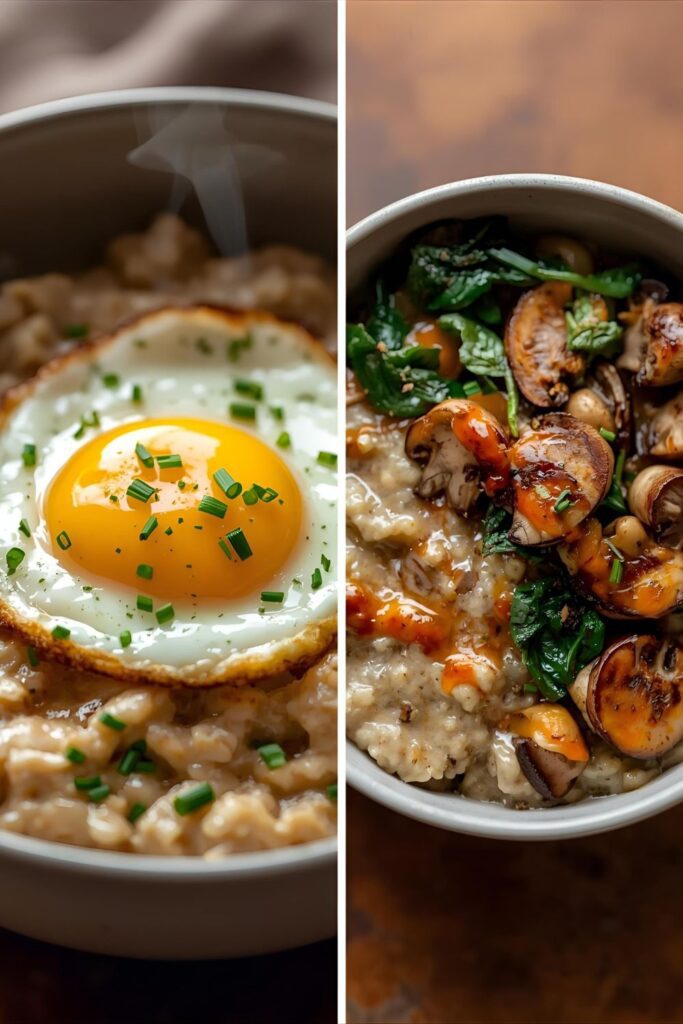 Two bowls of cooked savory oats, one a close-up with a fried egg, and the other a wider shot showing a vegetarian version.