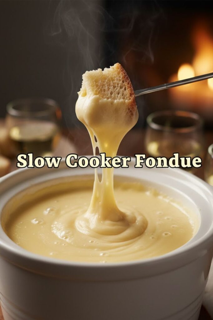 A close-up image of creamy, melted cheese fondue in a small slow cooker insert, with a piece of bread being dipped, and the text overlay "Slow Cooker Fondue.