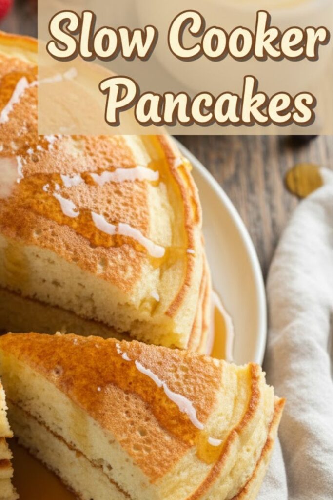 A close-up image of a large, fluffy slow cooker pancake cake, sliced into wedges and drizzled with syrup, featuring the text overlay "Slow Cooker Pancakes."