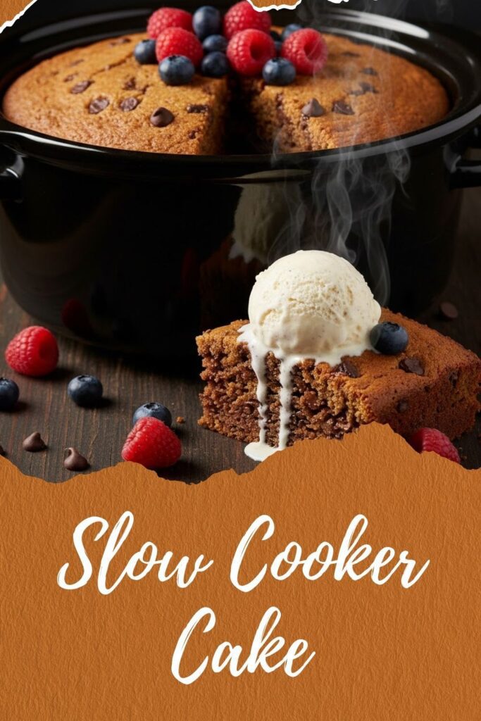 Text overlay: Slow Cooker Cake. A beautifully golden-brown, moist chocolate chip cake sliced, sitting in a slow cooker, steam gently rising, with a scoop of melting vanilla ice cream on top, garnished with fresh berries."
