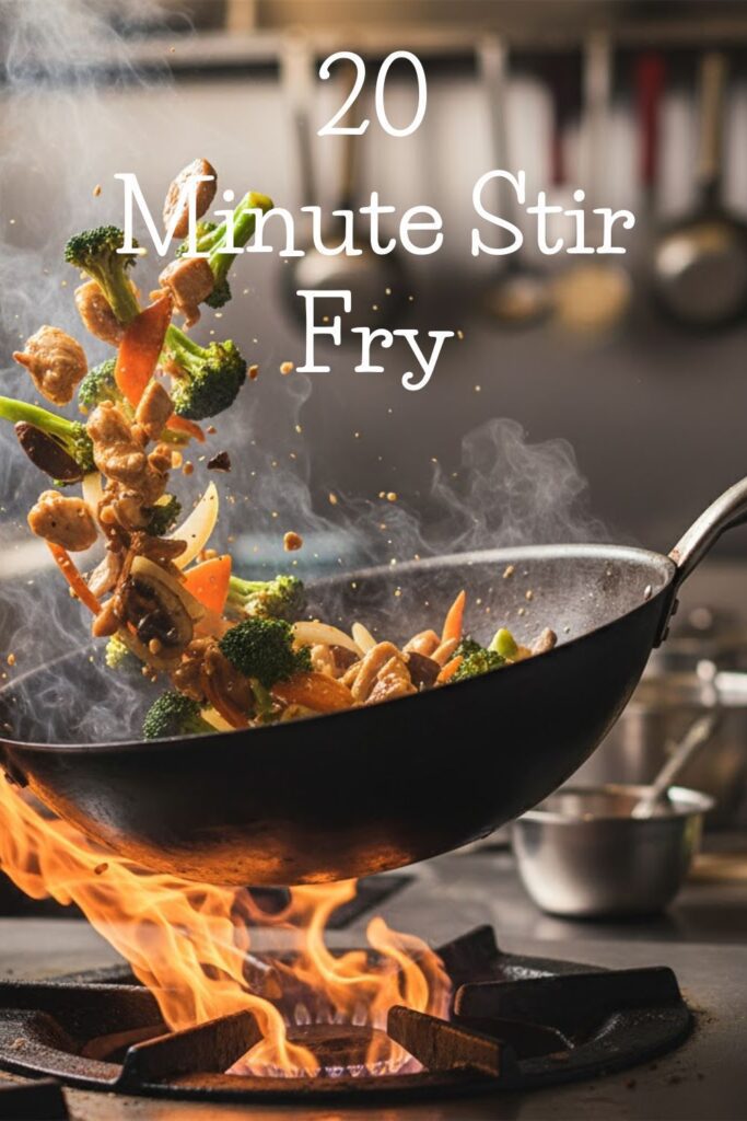 A dynamic shot of a chicken and broccoli stir fry being tossed in a wok, with steam rising and flames visible from the burner.