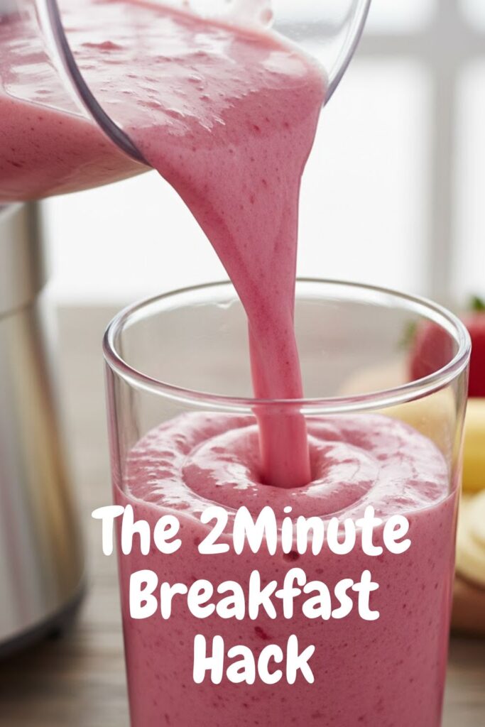 A vibrant pink smoothie being poured into a glass with a text overlay that reads: The 2-Minute Breakfast Hack.