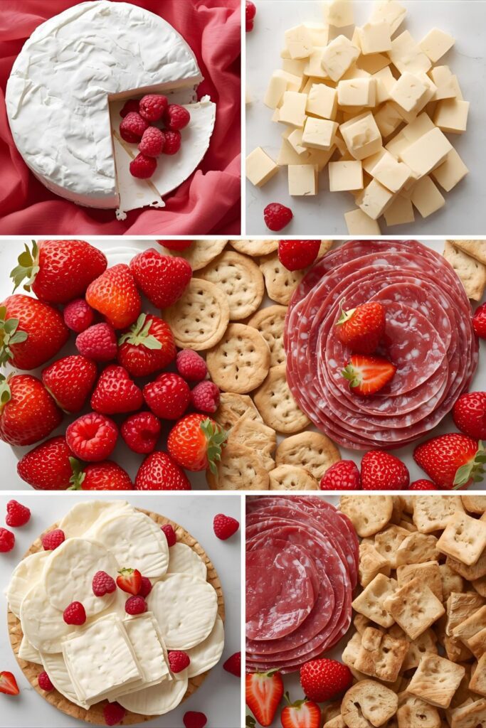 A dynamic flat lay collage image showcasing all the beautiful, red/pink-themed raw ingredients for the Valentine's charcuterie board. Include a whole wheel of Brie, cubed white cheddar, thinly sliced salami (arranged in a spiral), fresh raspberries, whole strawberries, and a mix of crackers/baguette slices, all artfully arranged on a light surface to emphasize color and variety.