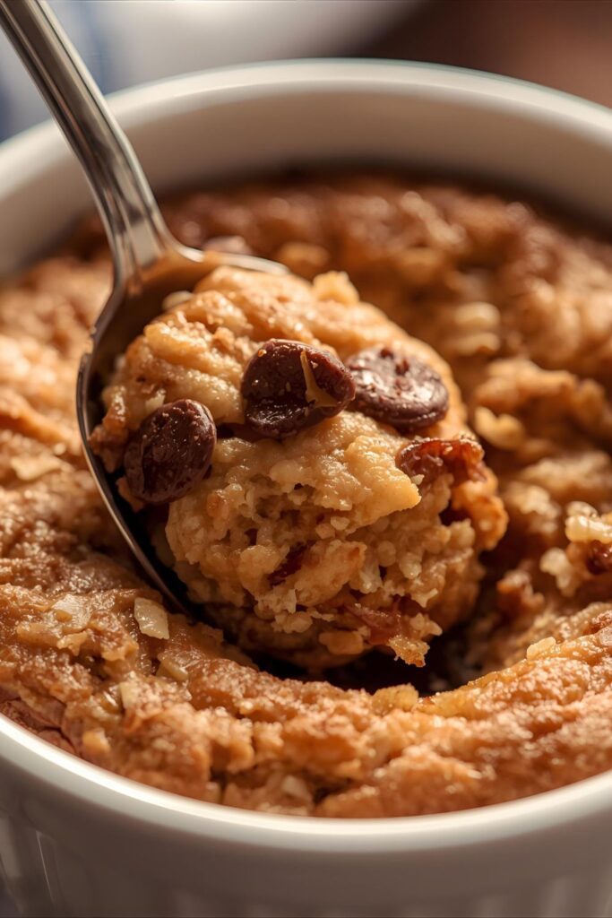 A close-up macro shot of a spoon breaking into a golden-brown baked oats in a ramekin, showing the light, airy, cake-like texture inside.