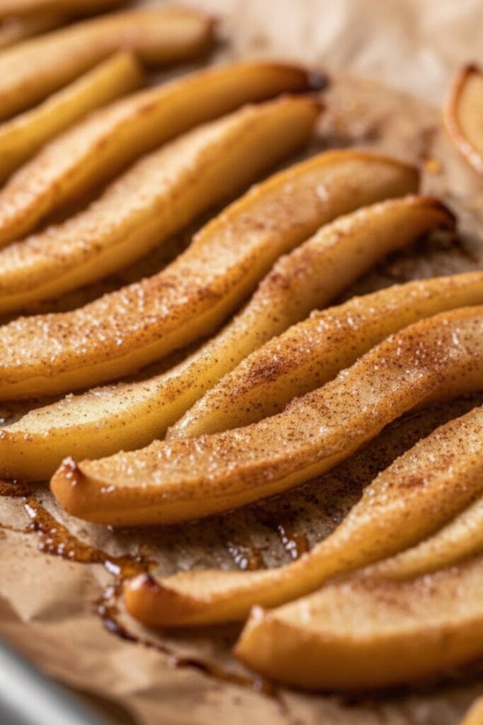 Close-up of baked caramelized apple spirals and a serving bowl of apple spirals with Greek yogurt and walnuts.)