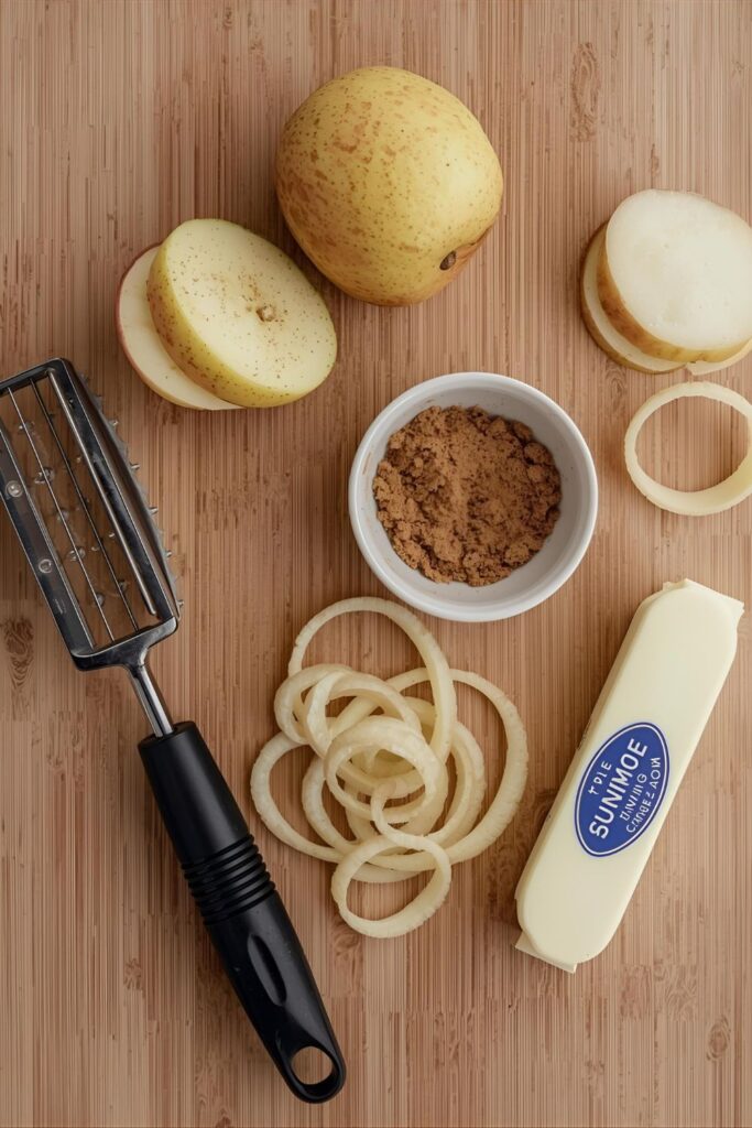 A collage of apple spirals ingredients: apples, spiralizer, brown sugar, cinnamon, and butter.)