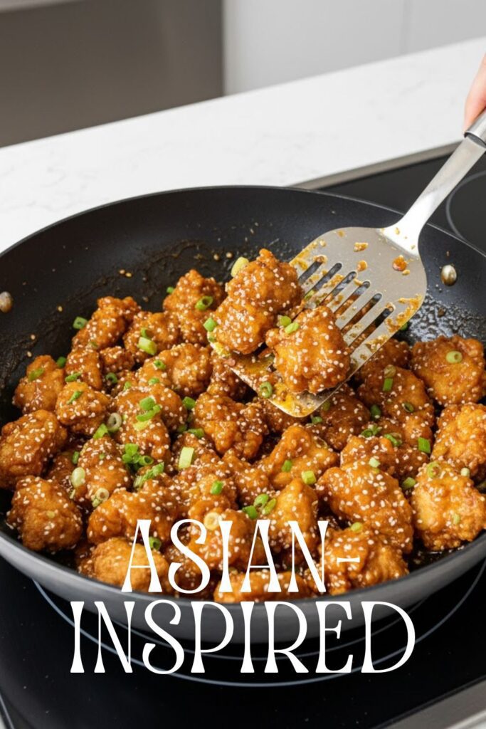 A vibrant, close-up shot of glossy, sesame-coated chicken and green onions in a wok. The text "Asian-inspired" is overlaid in an elegant, bold font