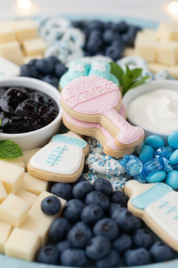 a close-up of the themed cookies and blue treats on the baby shower board, and a wider shot of the full board on a decorated party table.