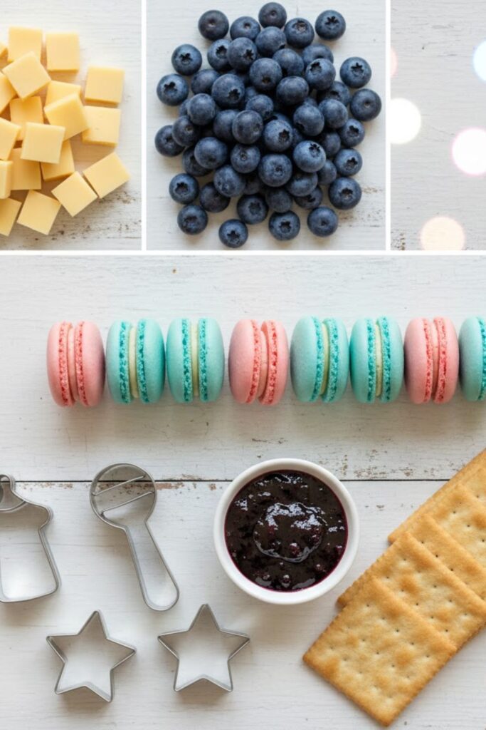 A collage of safe, colorful ingredients for a baby shower board, including cheese, berries, and thematic cookies.