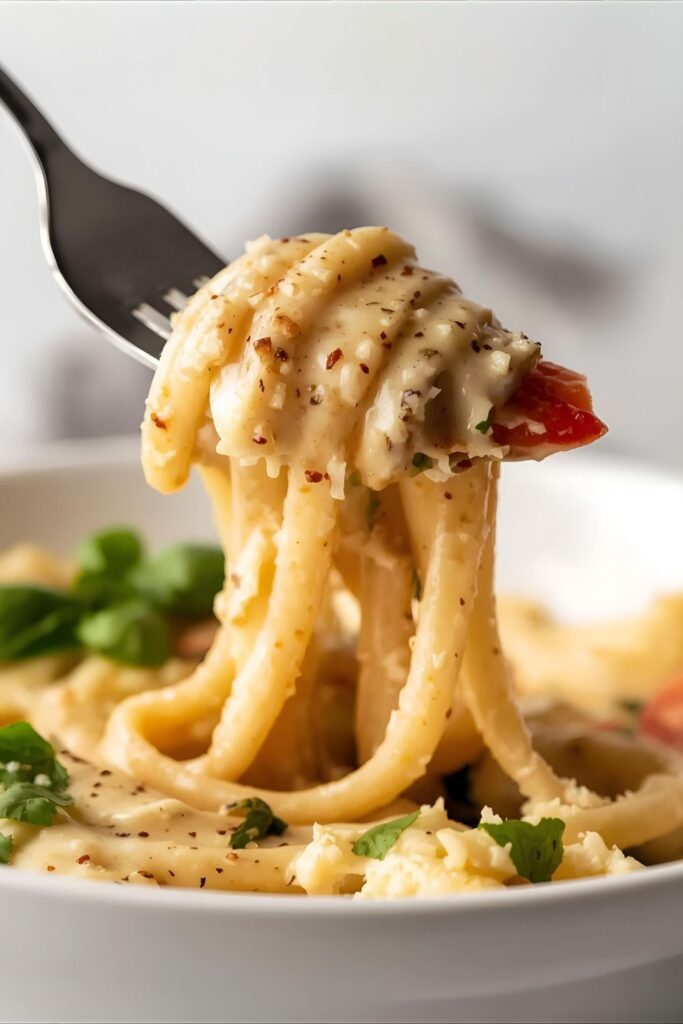 A close-up of a forkful of creamy baked feta pasta, showing the rich sauce and fresh basil.