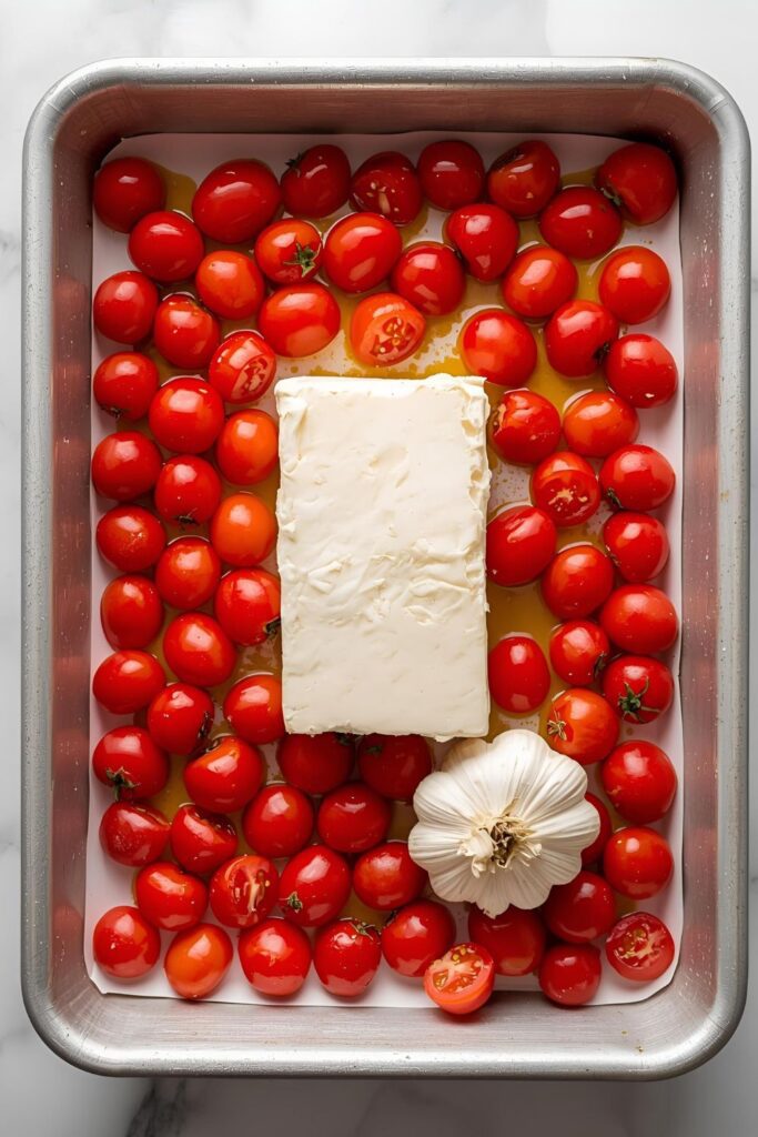 An overhead shot of the ingredients for baked feta pasta arranged in a baking dish before cooking.