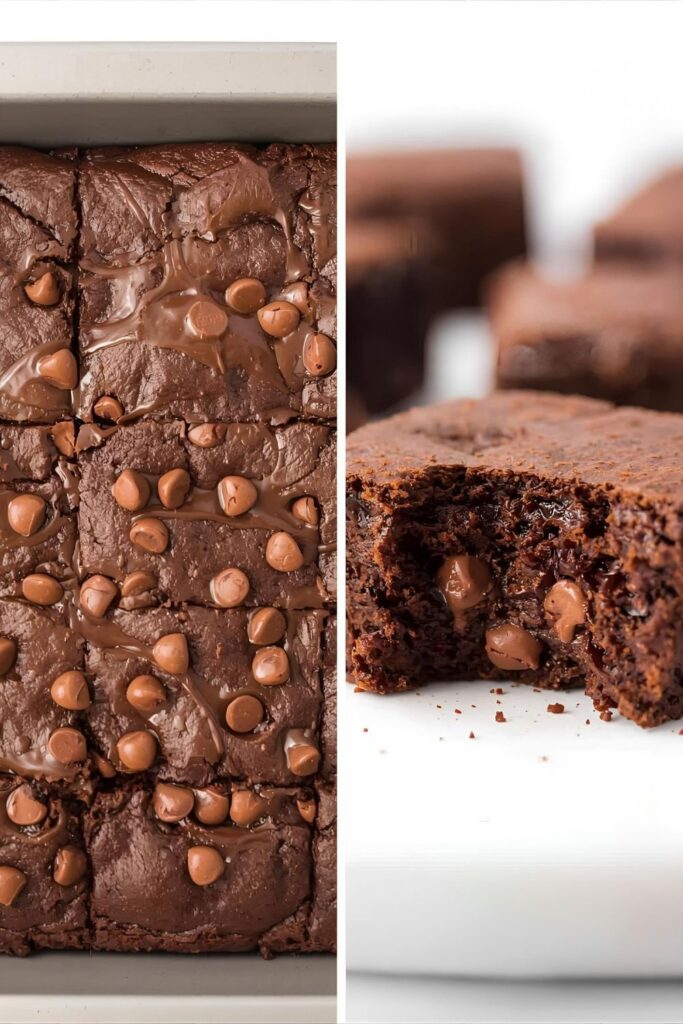 Diptych showing a pan of freshly baked black bean brownies and a close-up of a single fudgy brownie with a melted chocolate chip.