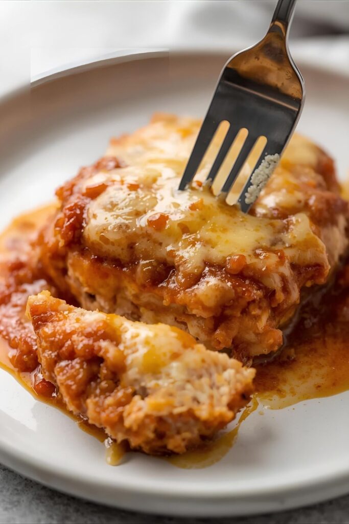 A close-up of a juicy, cheesy piece of baked salsa chicken on a plate.