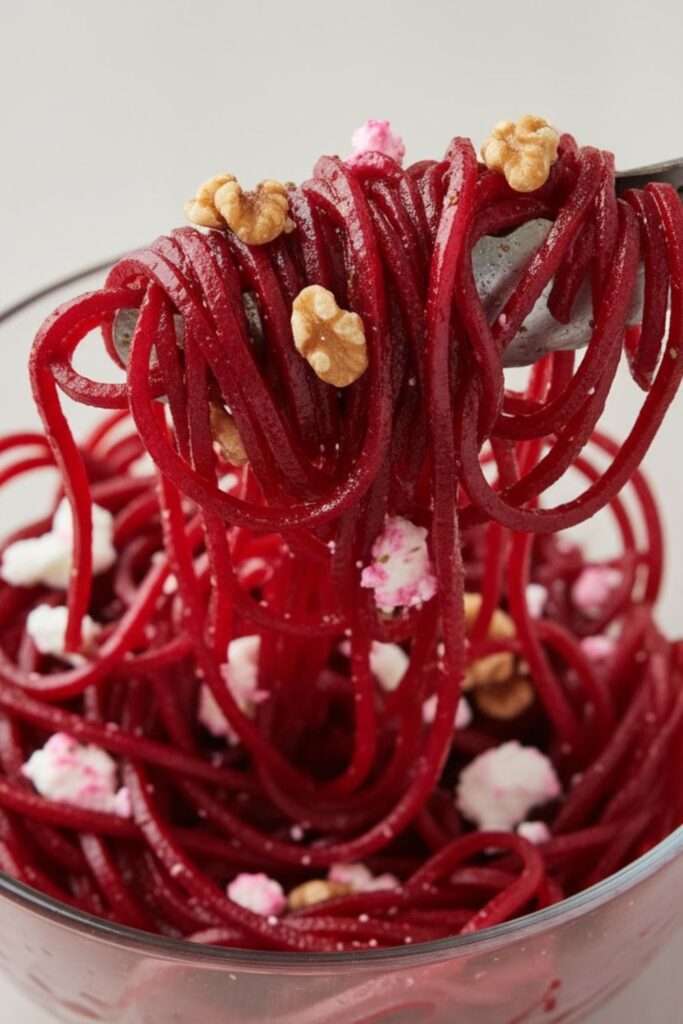 Close-up of dressed beet spirals and a warm bowl of roasted beet spirals served with herbs.)