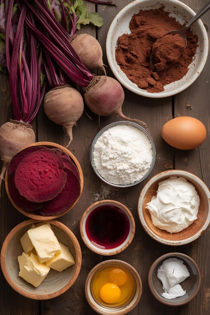"Collage of fresh ingredients for beetroot cake including whole beets, cocoa powder, butter, cream cheese, and eggs, arranged on a wooden board."