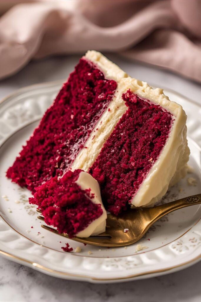 Close-up of a single slice of beetroot cake with rich cream cheese frosting, showing the vibrant red interior and moist texture on a white plate."