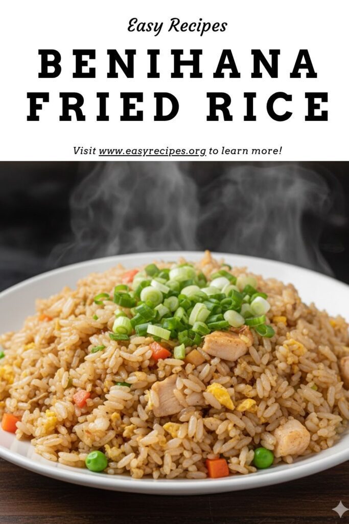 A vibrant, steaming plate of Benihana-style fried rice, garnished with green onions and a perfectly cooked egg. The text "Benihana fried rice" is overlaid