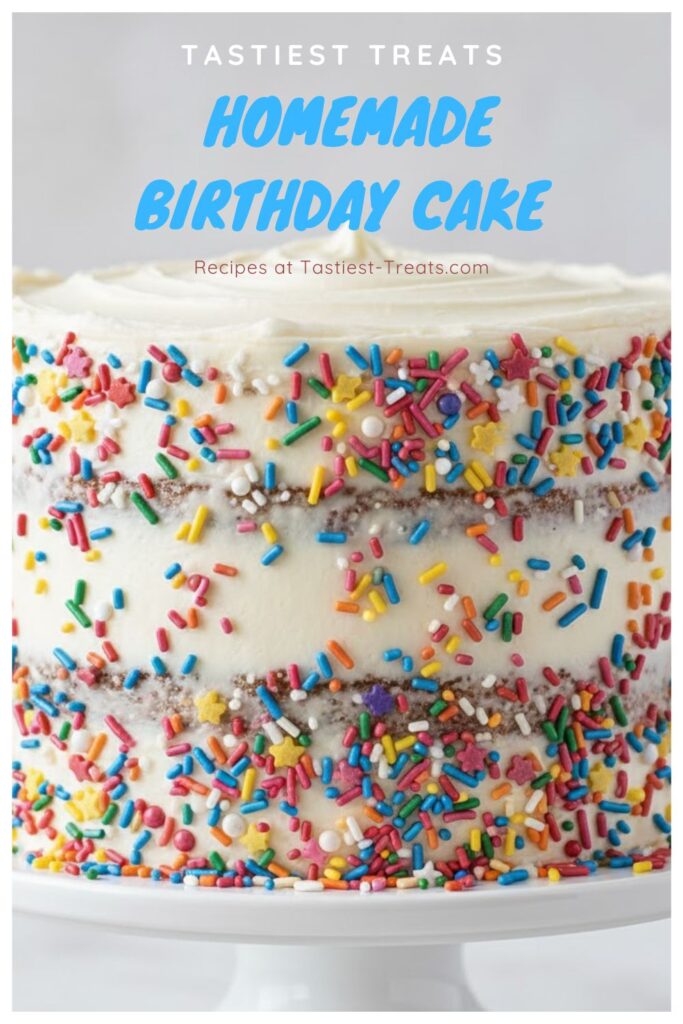 A beautiful, three-layer Funfetti birthday cake covered in thick white buttercream and rainbow sprinkles, ready for candles. The text "Homemade Birthday Cake" is overlaid