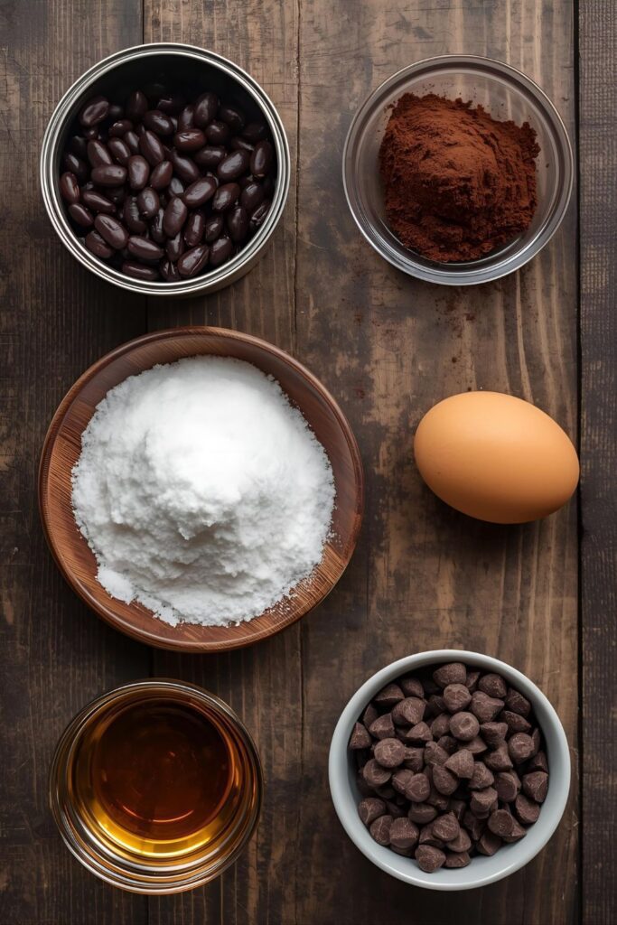 Flat-lay collage of raw ingredients for black bean brownies: black beans, cocoa, sugar, oil, egg, vanilla, and chocolate chips.