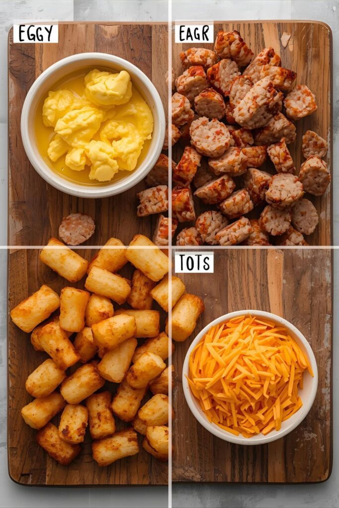 A flat-lay collage of the ingredients for breakfast burritos, including eggs, sausage, potatoes, and cheese.