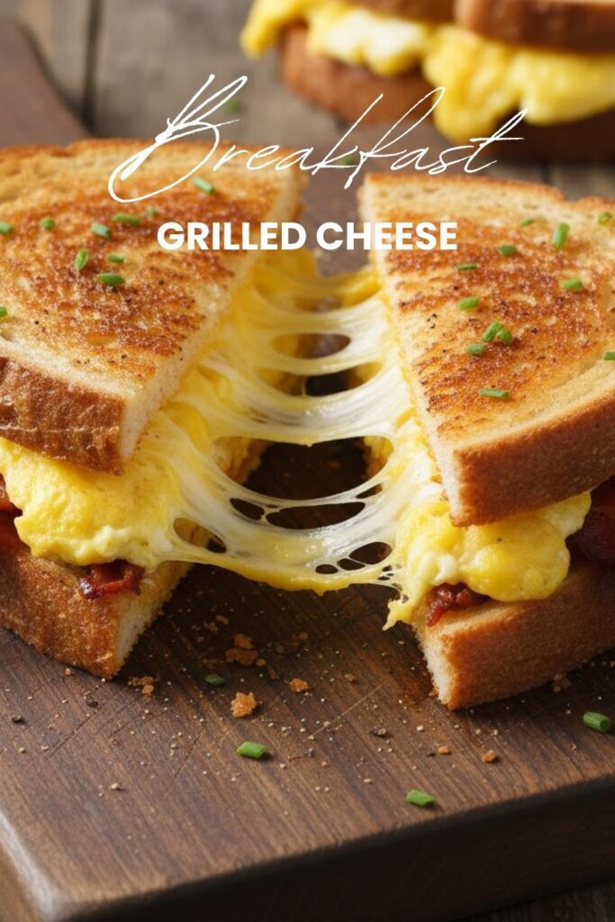 A close-up shot of a golden-brown Breakfast grilled cheese, sliced diagonally, with melted cheese, egg, and bacon visible. The text "Breakfast grilled cheese" is prominently overlaid