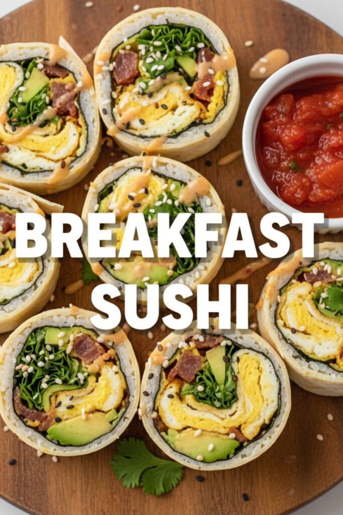 Slices of colorful breakfast sushi rolls arranged on a platter with salsa, featuring the text overlay "BREAKFAST SUSHI" for a recipe title.
