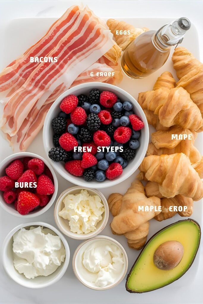 A flat lay collage of all the raw and prepped ingredients for a breakfast board: uncooked bacon, fresh berries, mini croissants, eggs, maple syrup bottle, avocado, and small bowls of cream cheese and jam