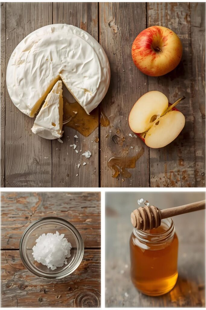 Flat-lay collage of all ingredients for baked brie and apple: wheel of brie, sliced apple, honey, and sea salt.