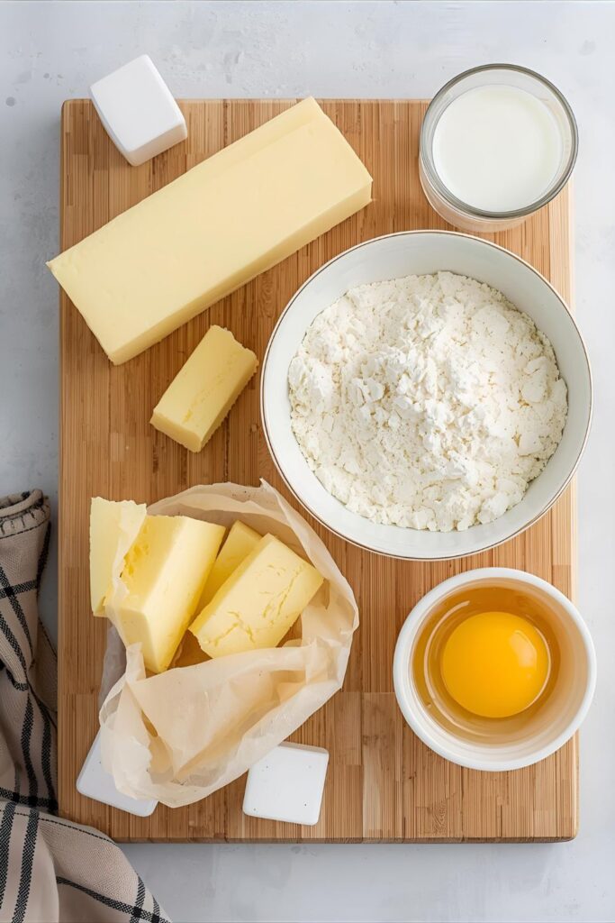 Collage of brioche ingredients including sticks of butter, eggs, bread flour, and milk on a wooden surface.