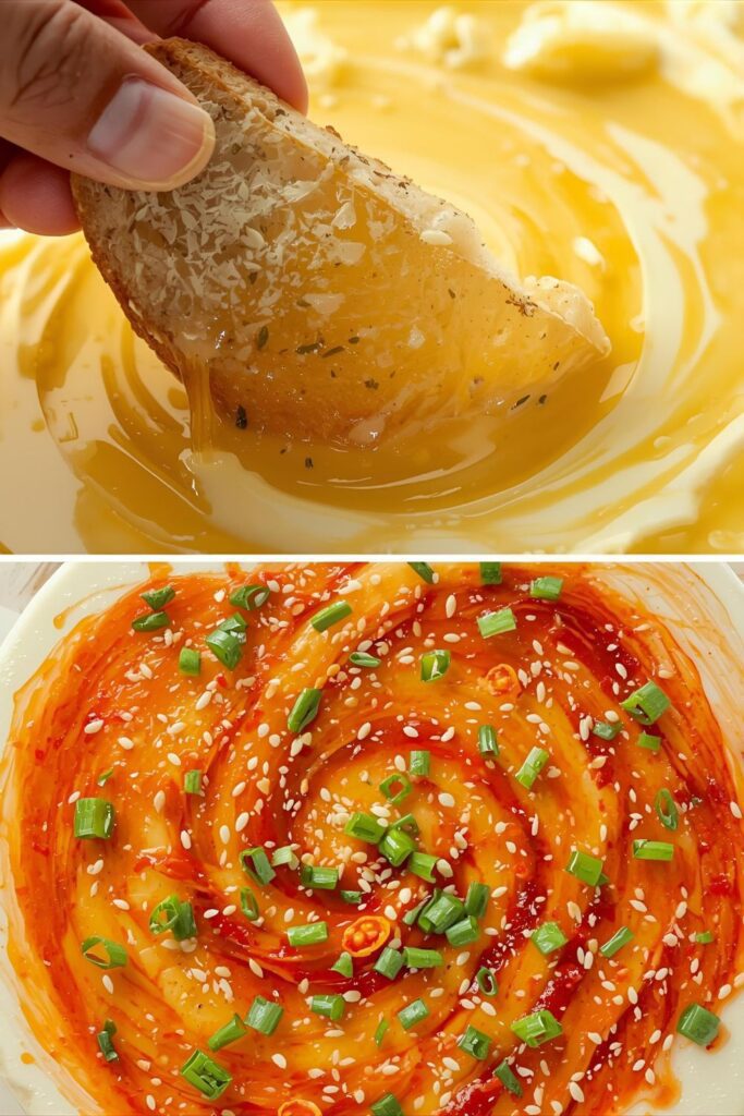 A two-part image showing bread being dipped into a classic butter board and a spicy chili crisp butter board variation.