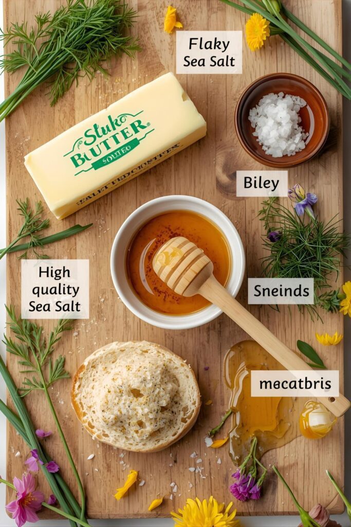 A collage of fresh ingredients for a butter board: good quality butter, flaky salt, honey, and fresh herbs.