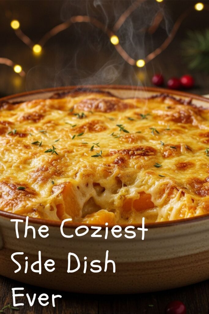 A recipe pin for a butternut squash gratin, showing the finished bubbly, cheesy dish.