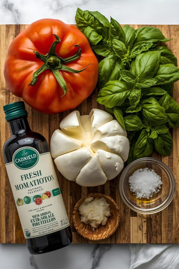 A collage of fresh Caprese ingredients: ripe tomatoes, fresh mozzarella, basil, olive oil, and sea salt.