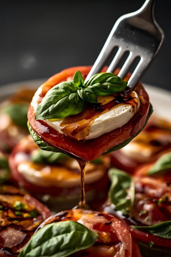 a close-up of a Caprese stack on a fork with balsamic drizzle, and a platter of Caprese skewers served outdoors.