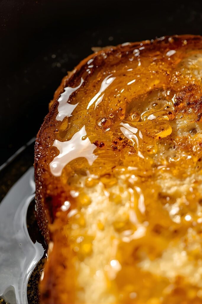 A close-up macro shot of honey toast sizzling and caramelizing in a black non-stick skillet.