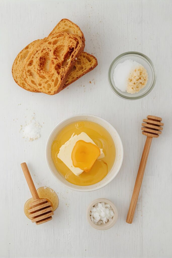 A flat lay collage of ingredients for caramelized honey toast: a slice of thick bread, butter, honey, and sea salt.
