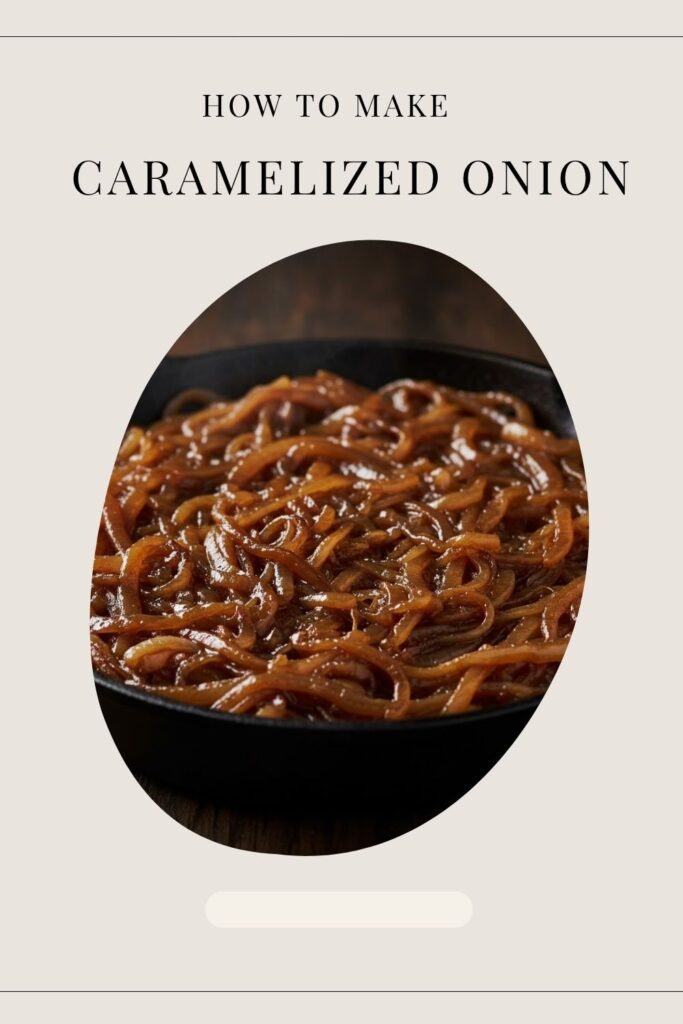 Close-up of deep amber caramelized onions in a cast iron skillet with "Caramelized Onion" text overlay.