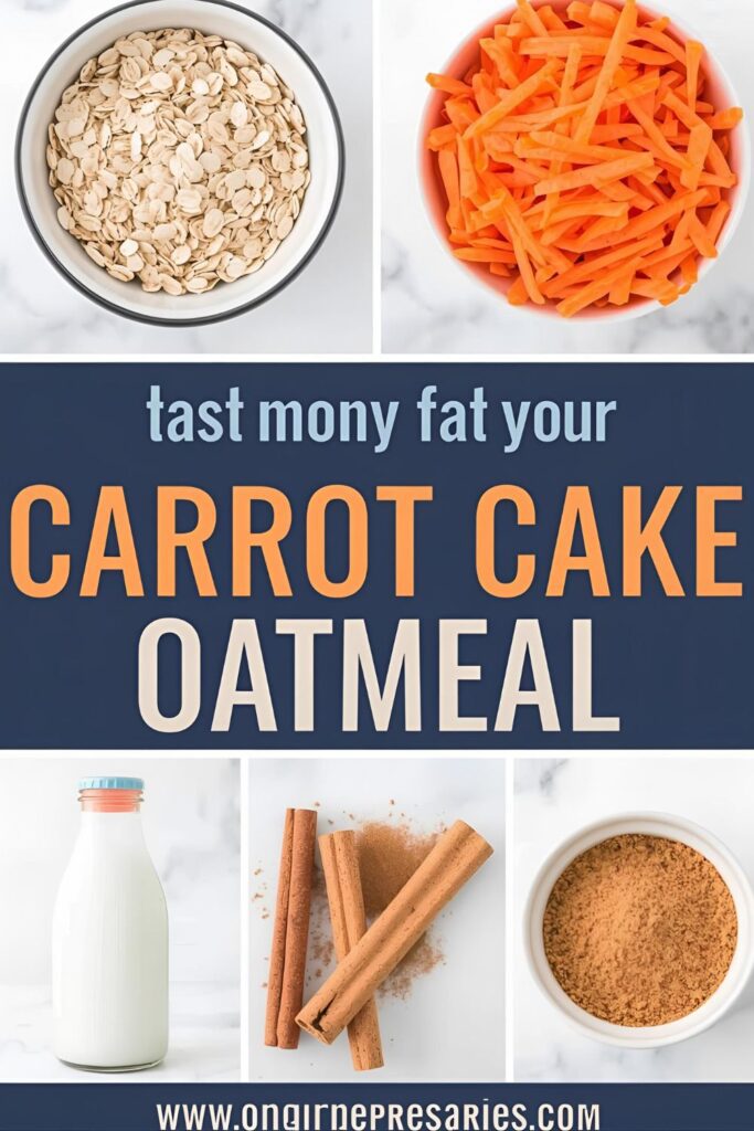 A collage of fresh ingredients for carrot cake oatmeal, including rolled oats, carrots, spices, and milk