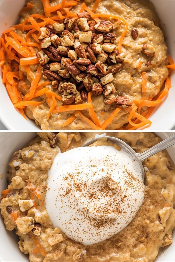 Two bowls of carrot cake oatmeal, one with pecans and another with cream cheese frosting, both close-up.