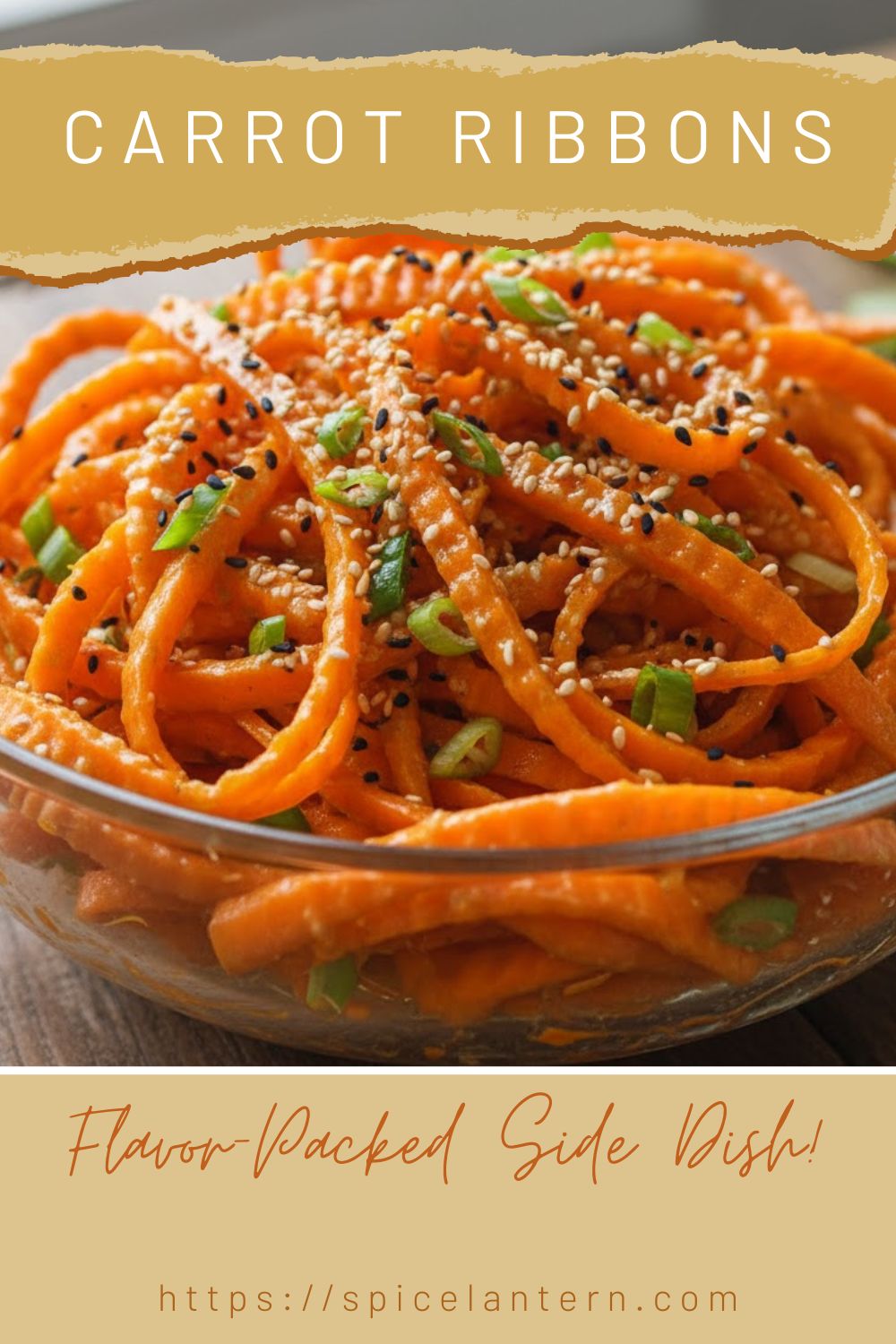 Bowl of curly, orange carrot ribbons salad with a glossy dressing and sesame seeds, ready for text overlay "Carrot Ribbons")