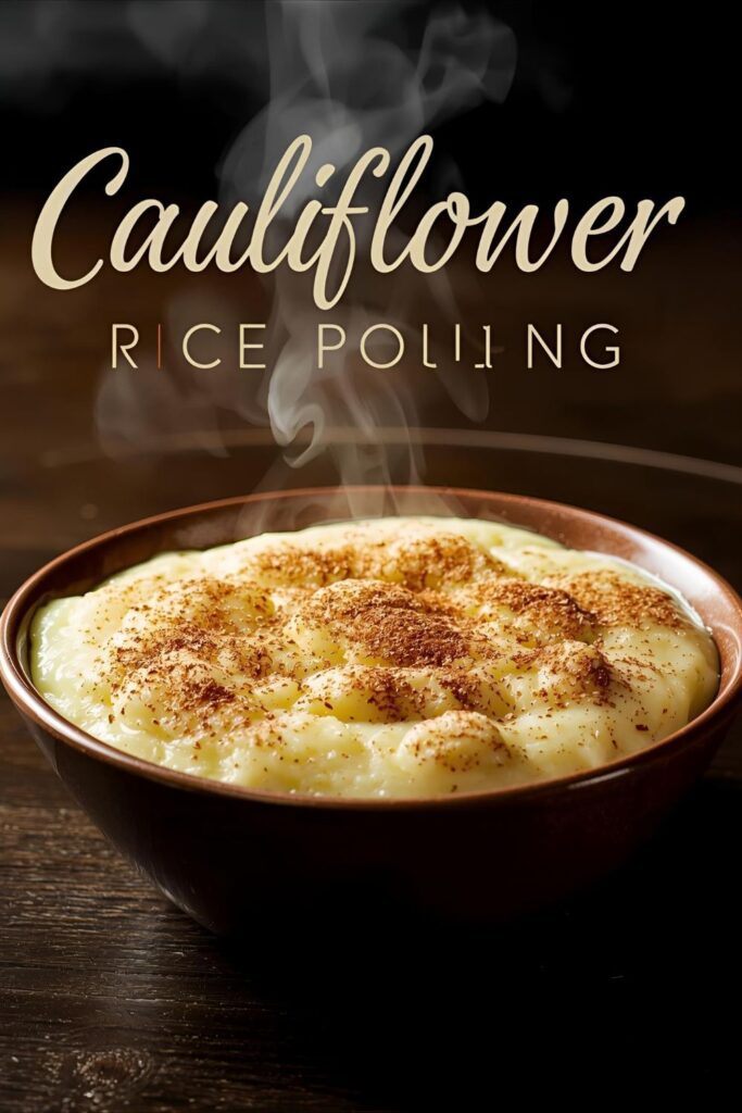 "Cauliflower rice pudding" text overlay on a close-up, warm, and cozy image of creamy cauliflower rice pudding served in a clear glass bowl, topped with a dusting of cinnamon and a few cinnamon sticks.