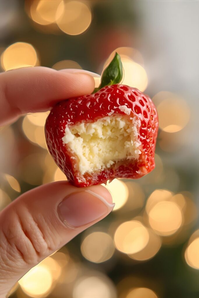 A close-up of a cheesecake stuffed strawberry with a bite taken out, showing the creamy filling.